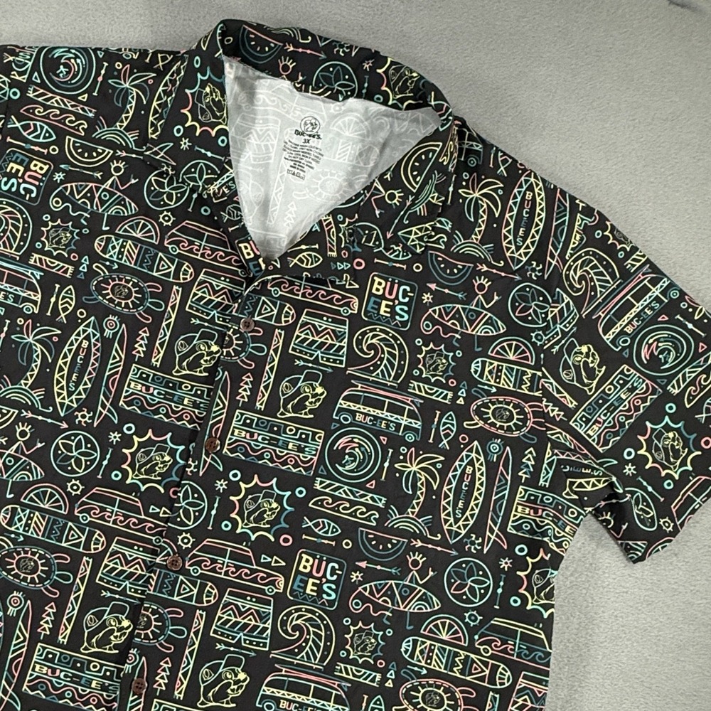 BUC-EEs Shirt Mens 3XL Black Short Sleeve Button Up Tropical Neon Rare